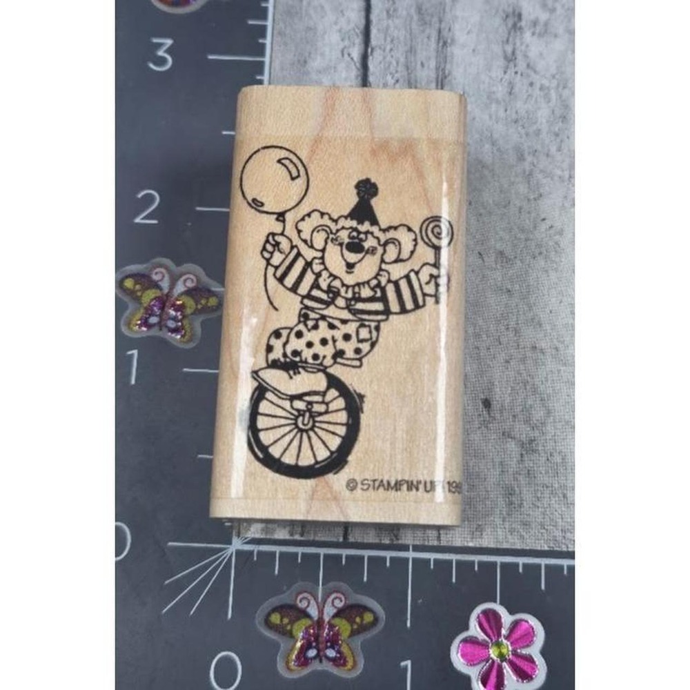 Stampin' Up! Clown Balloon Unicycle  1990 Rubber Stamp Wood #M89